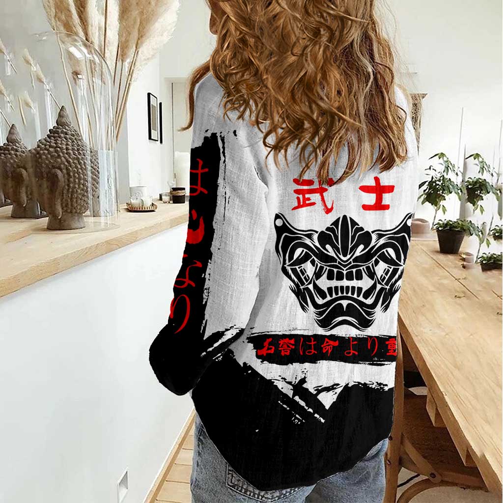 Sukuna Jujutsu Kaisen Samurai Aesthetic Women Casual Shirt with Katana, Red Kanji and Oni Mask Design - The Mazicc