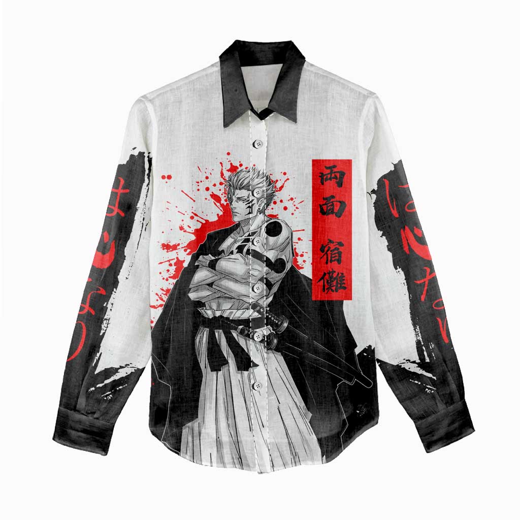 Sukuna Jujutsu Kaisen Samurai Aesthetic Women Casual Shirt with Katana, Red Kanji and Oni Mask Design - The Mazicc