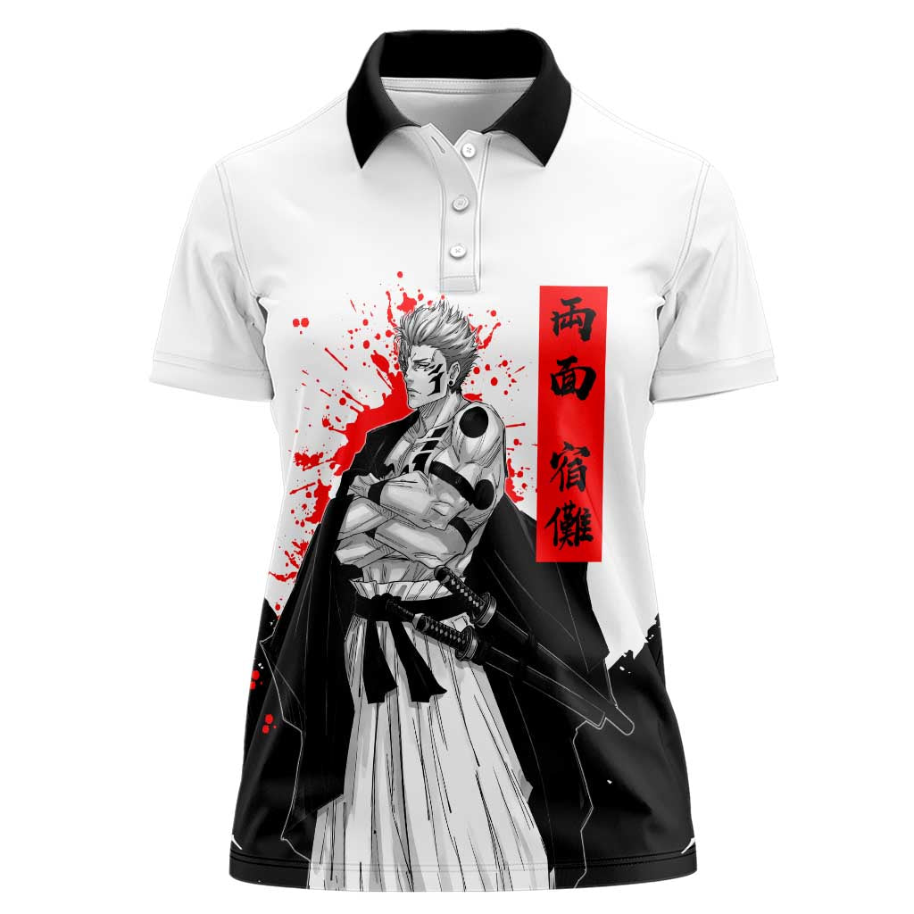 Sukuna Jujutsu Kaisen Samurai Aesthetic Women Polo Shirt with Katana, Red Kanji and Oni Mask Design - The Mazicc