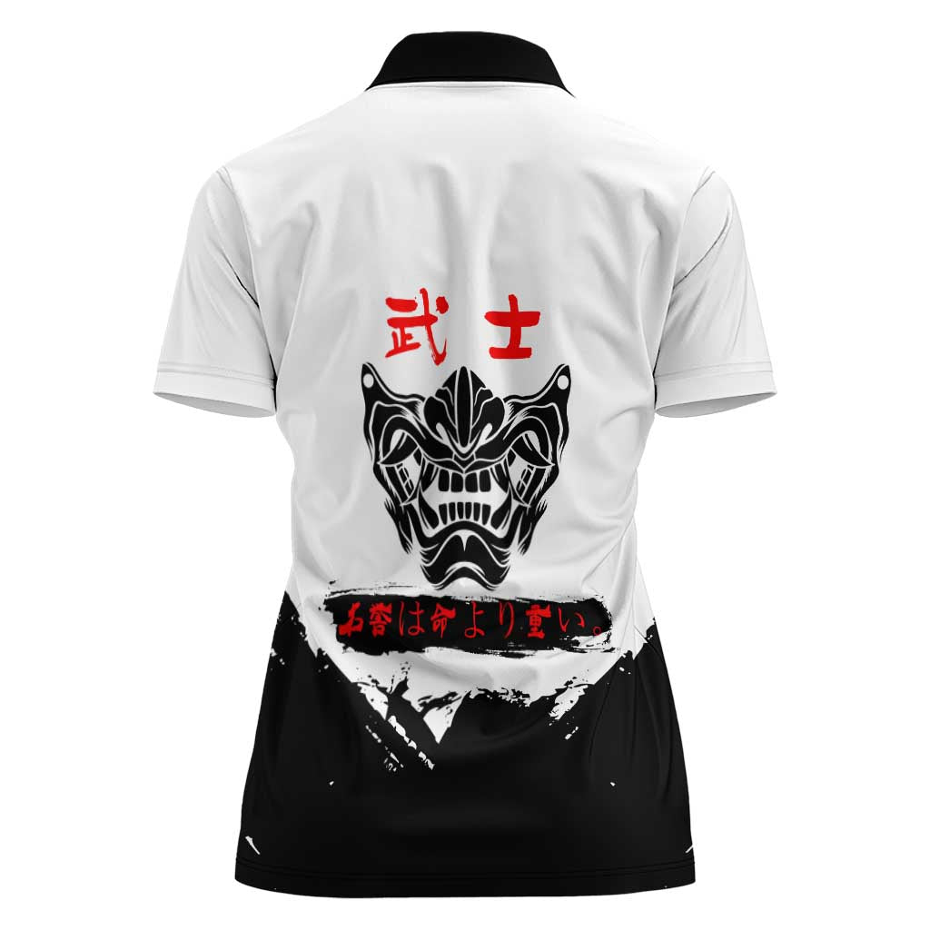 Sukuna Jujutsu Kaisen Samurai Aesthetic Women Polo Shirt with Katana, Red Kanji and Oni Mask Design - The Mazicc