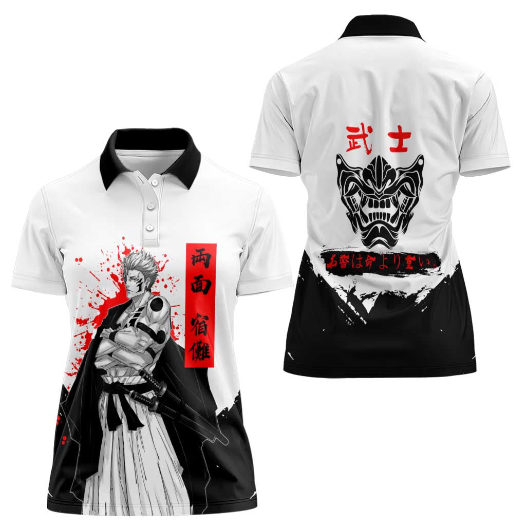 Sukuna Jujutsu Kaisen Samurai Aesthetic Women Polo Shirt with Katana, Red Kanji and Oni Mask Design - The Mazicc