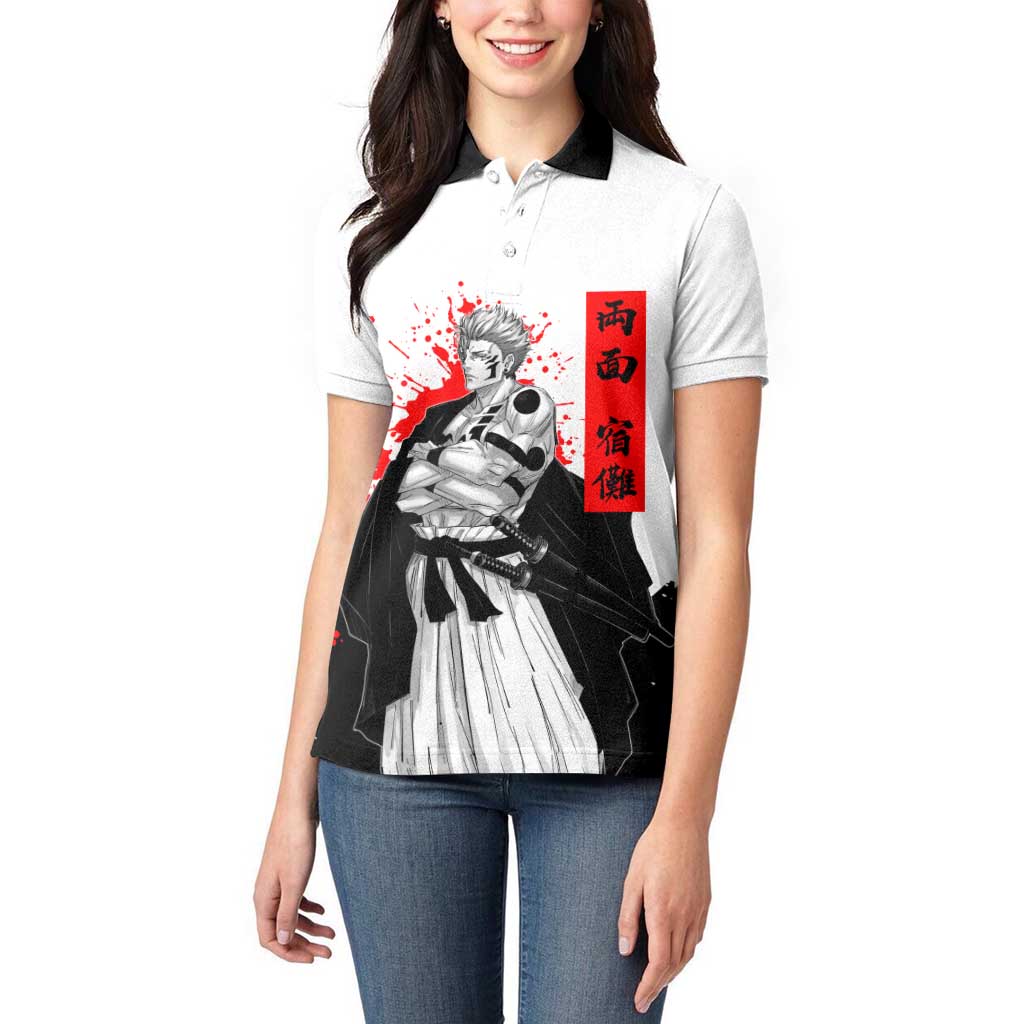 Sukuna Jujutsu Kaisen Samurai Aesthetic Women Polo Shirt with Katana, Red Kanji and Oni Mask Design - The Mazicc