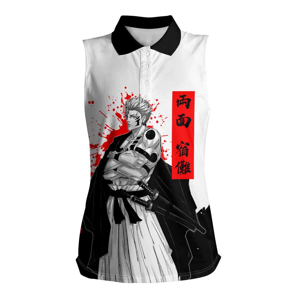 Sukuna Jujutsu Kaisen Samurai Aesthetic Women Sleeveless Polo Shirt with Katana, Red Kanji and Oni Mask Design - The Mazicc