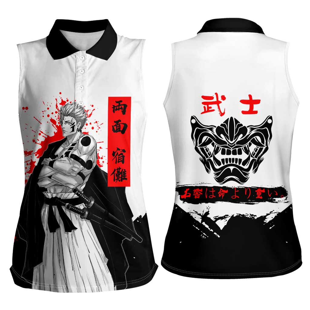Sukuna Jujutsu Kaisen Samurai Aesthetic Women Sleeveless Polo Shirt with Katana, Red Kanji and Oni Mask Design - The Mazicc