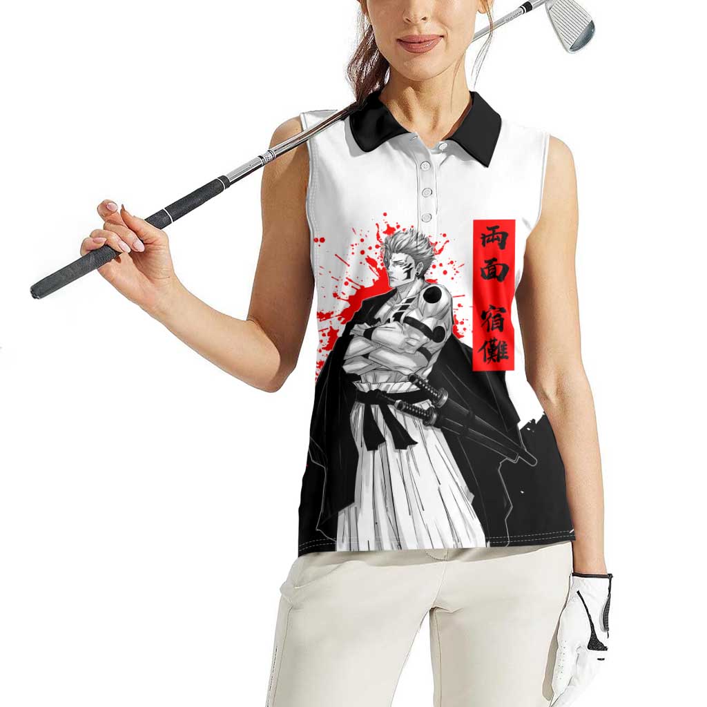 Sukuna Jujutsu Kaisen Samurai Aesthetic Women Sleeveless Polo Shirt with Katana, Red Kanji and Oni Mask Design - The Mazicc