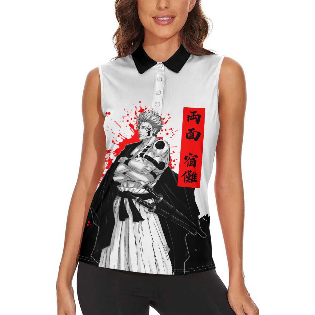 Sukuna Jujutsu Kaisen Samurai Aesthetic Women Sleeveless Polo Shirt with Katana, Red Kanji and Oni Mask Design - The Mazicc