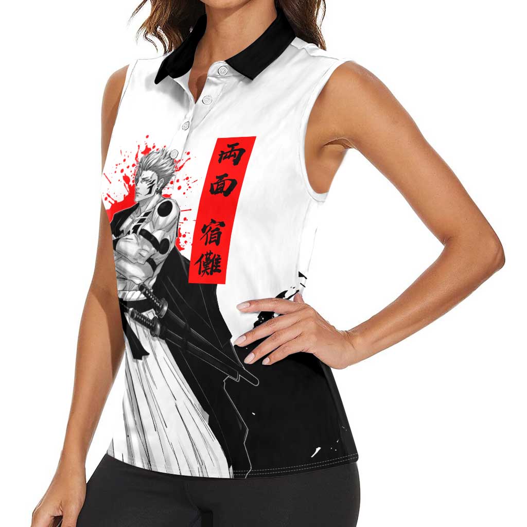Sukuna Jujutsu Kaisen Samurai Aesthetic Women Sleeveless Polo Shirt with Katana, Red Kanji and Oni Mask Design - The Mazicc