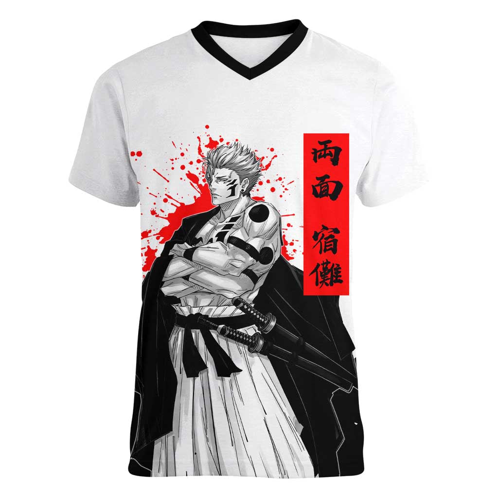 Sukuna Jujutsu Kaisen Samurai Aesthetic Women V-Neck T-Shirt with Katana, Red Kanji and Oni Mask Design - The Mazicc