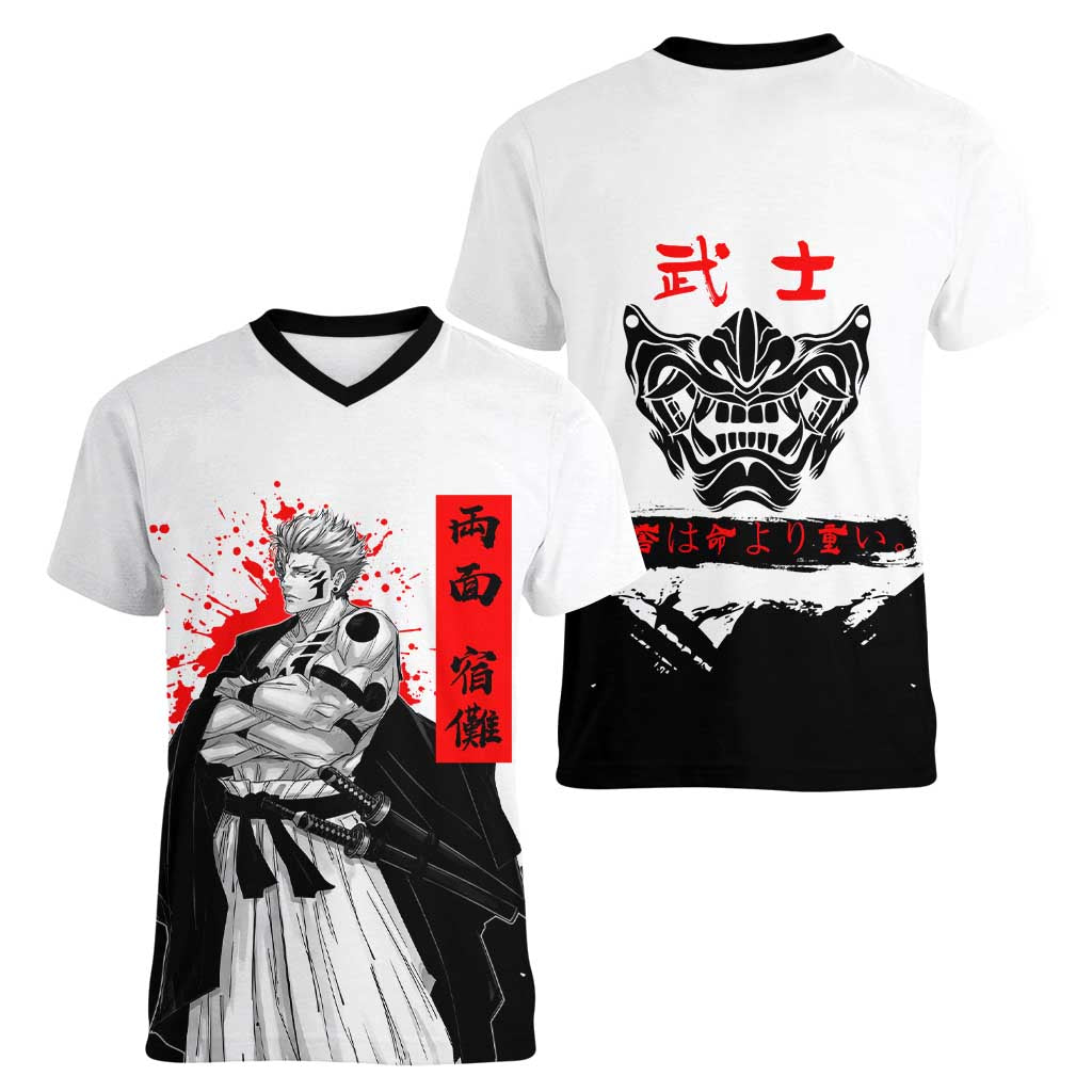 Sukuna Jujutsu Kaisen Samurai Aesthetic Women V-Neck T-Shirt with Katana, Red Kanji and Oni Mask Design - The Mazicc