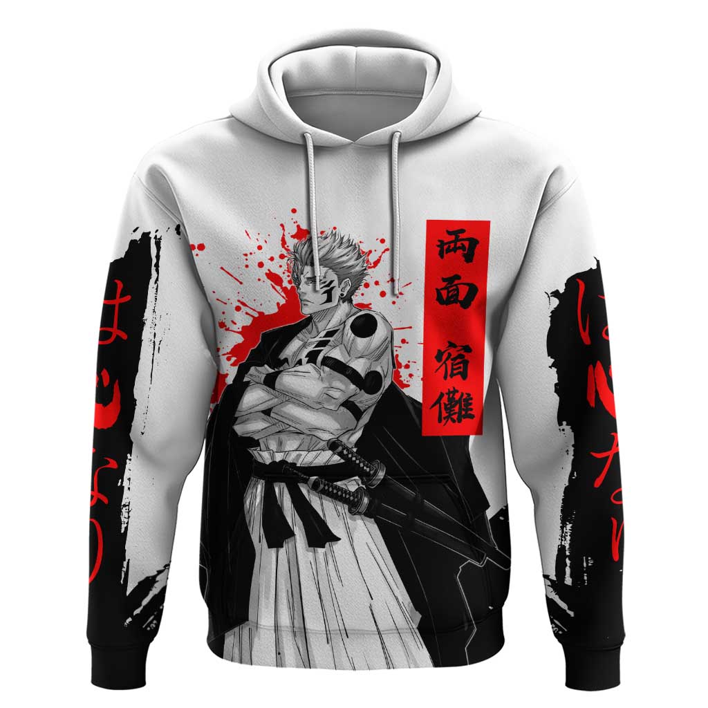 Sukuna Jujutsu Kaisen Samurai Aesthetic Zip Hoodie with Katana, Red Kanji and Oni Mask Design - The Mazicc