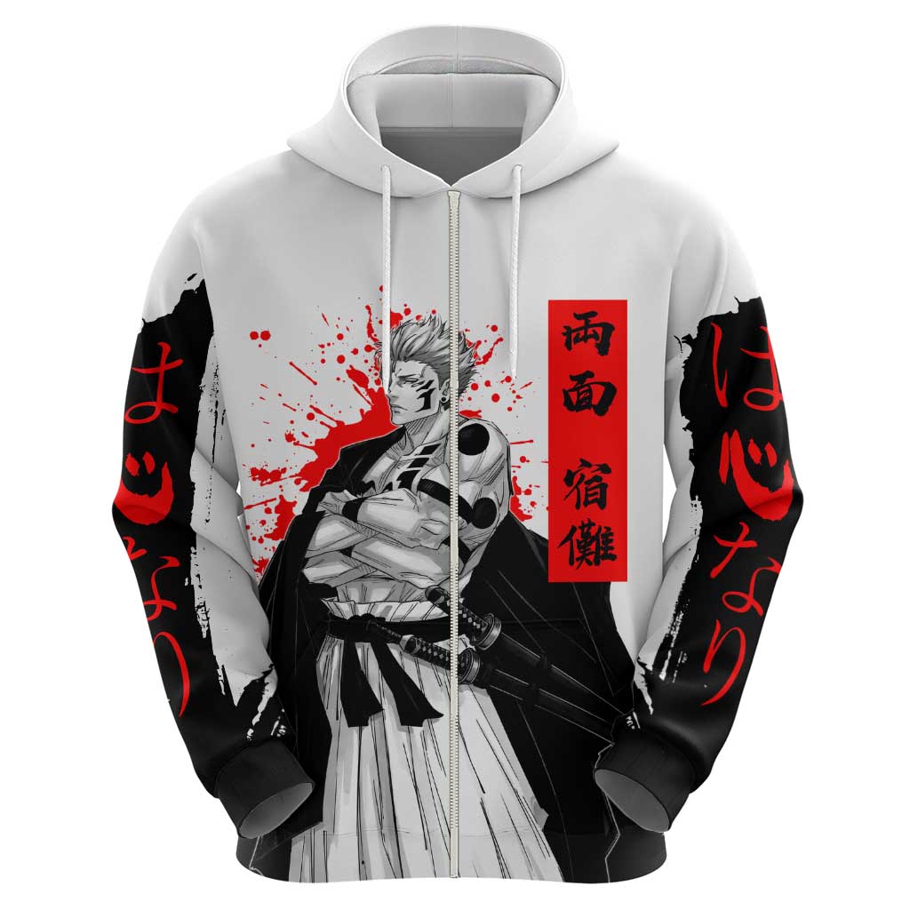 Sukuna Jujutsu Kaisen Samurai Aesthetic Zip Hoodie with Katana, Red Kanji and Oni Mask Design - The Mazicc