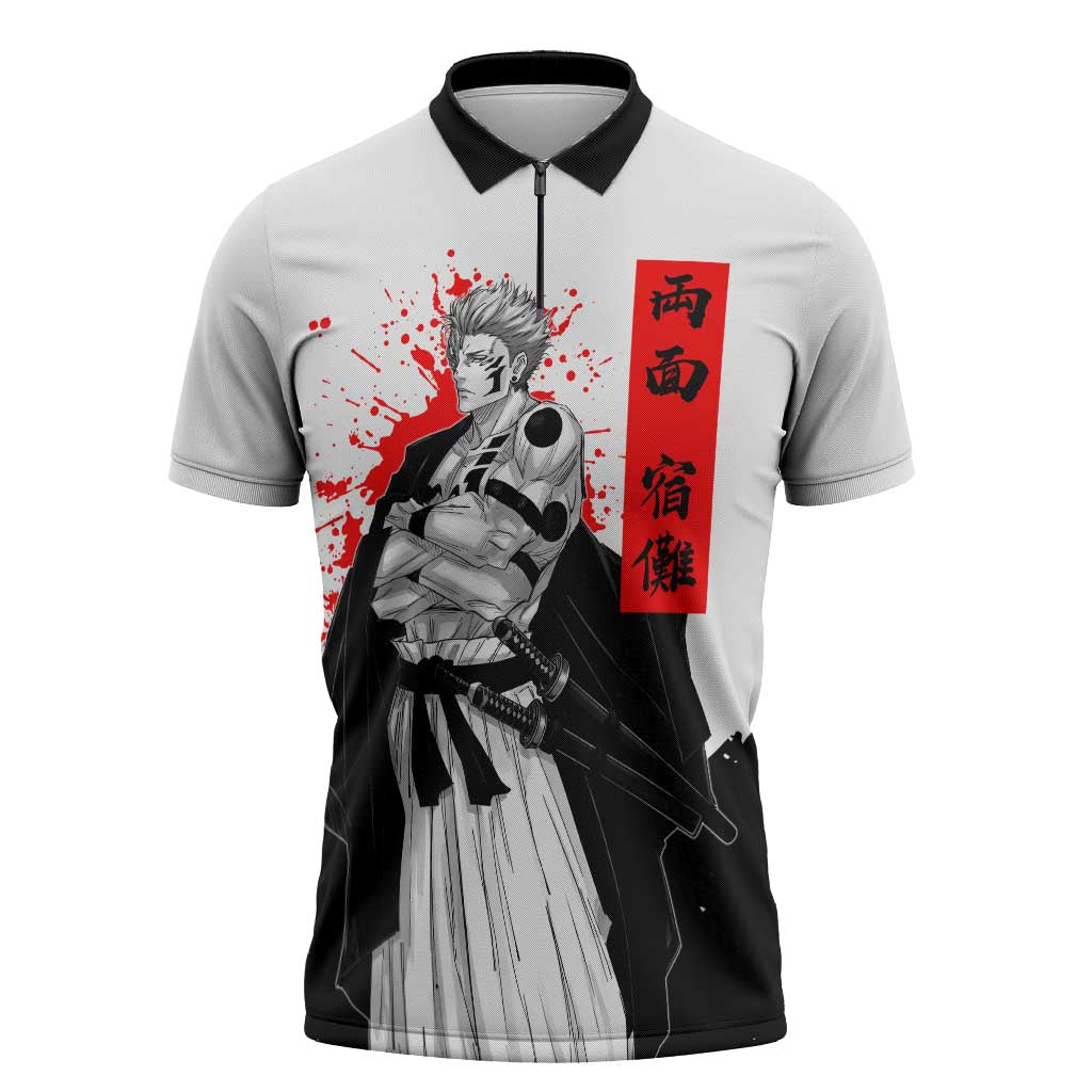 Sukuna Jujutsu Kaisen Samurai Aesthetic Zipper Polo Shirt with Katana, Red Kanji and Oni Mask Design - The Mazicc