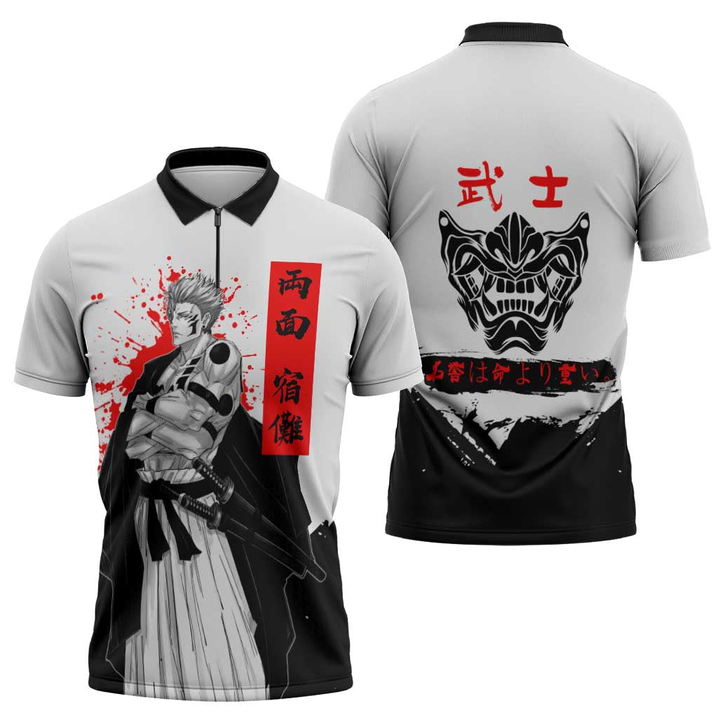 Sukuna Jujutsu Kaisen Samurai Aesthetic Zipper Polo Shirt with Katana, Red Kanji and Oni Mask Design - The Mazicc