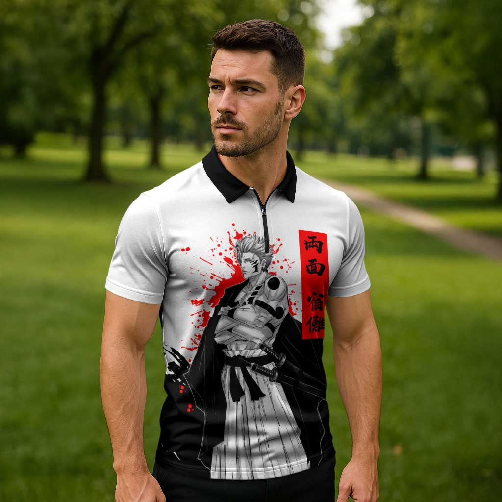 Sukuna Jujutsu Kaisen Samurai Aesthetic Zipper Polo Shirt with Katana, Red Kanji and Oni Mask Design - The Mazicc