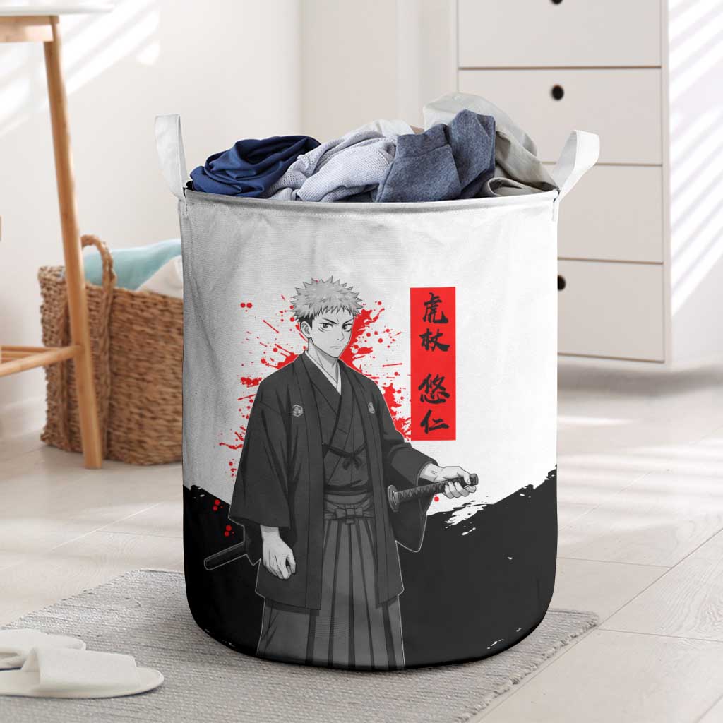 Yuji Itadori Jujutsu Kaisen Samurai Design Laundry Basket with Katana, Red Kanji Elements and Oni Mask Graphic - The Mazicc