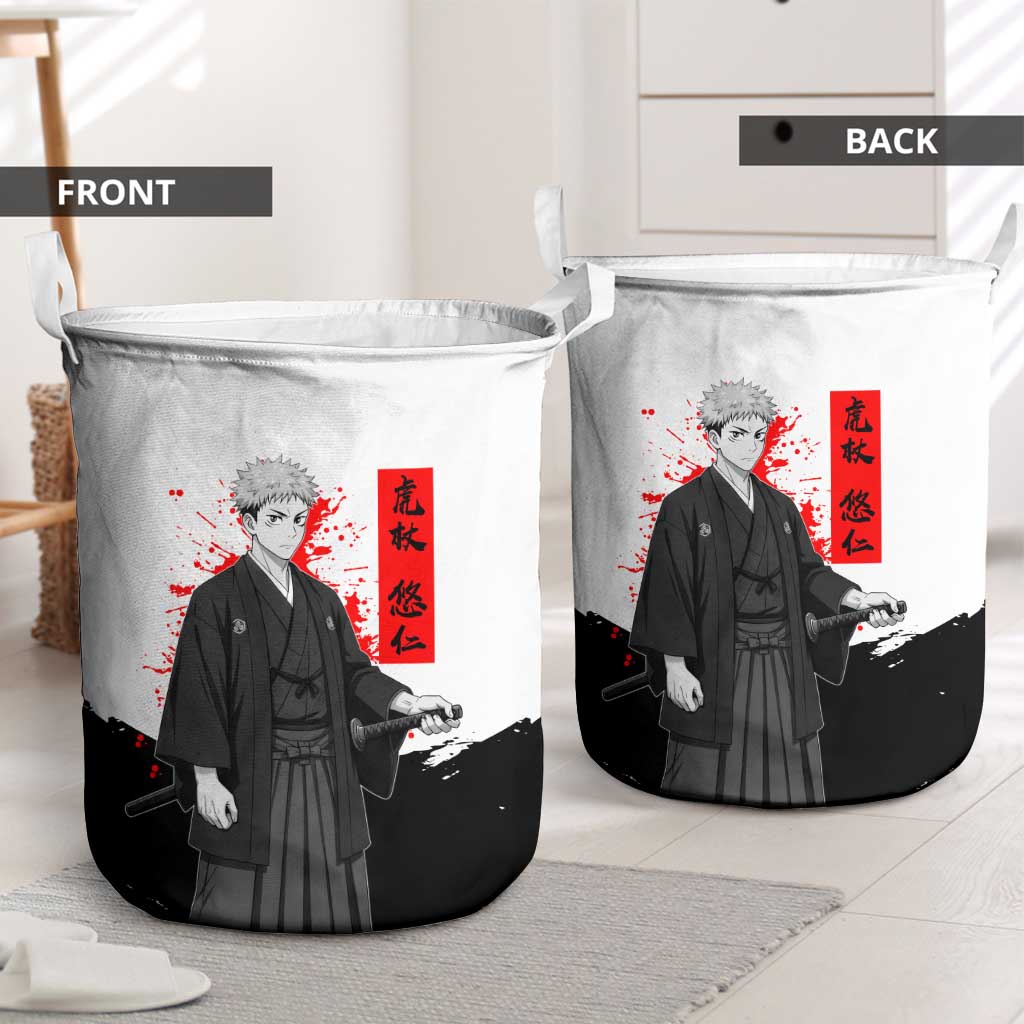 Yuji Itadori Jujutsu Kaisen Samurai Design Laundry Basket with Katana, Red Kanji Elements and Oni Mask Graphic - The Mazicc