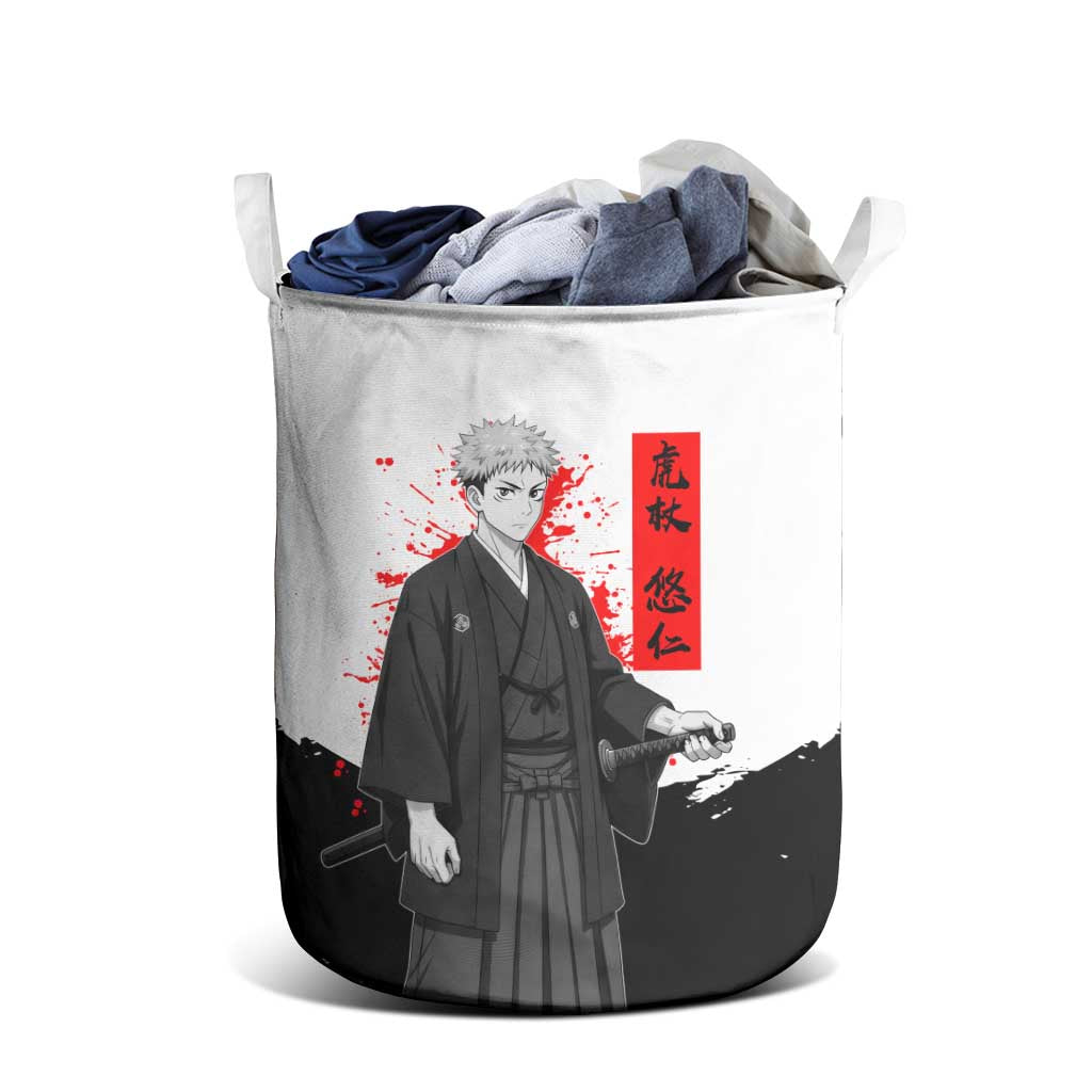 Yuji Itadori Jujutsu Kaisen Samurai Design Laundry Basket with Katana, Red Kanji Elements and Oni Mask Graphic - The Mazicc