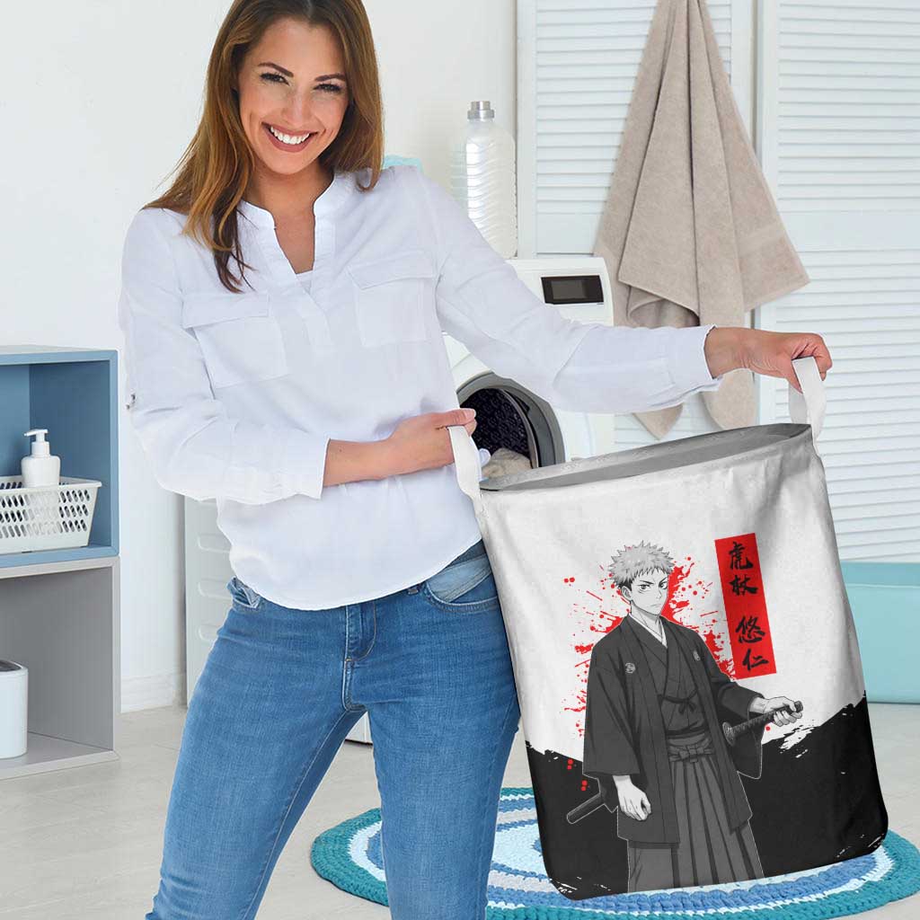 Yuji Itadori Jujutsu Kaisen Samurai Design Laundry Basket with Katana, Red Kanji Elements and Oni Mask Graphic - The Mazicc