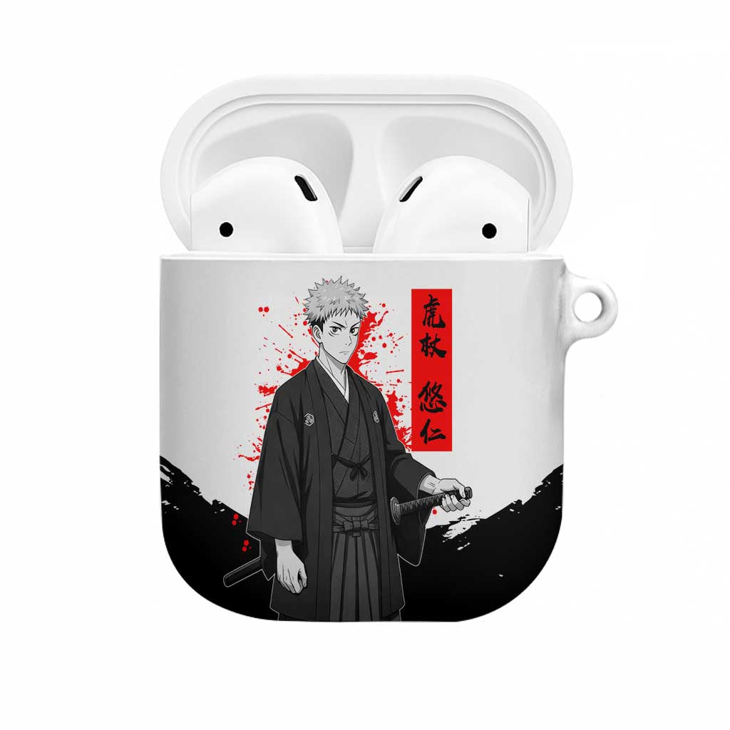 Yuji Itadori Jujutsu Kaisen Samurai Design AirPods Case with Katana, Red Kanji Elements and Oni Mask Graphic - The Mazicc