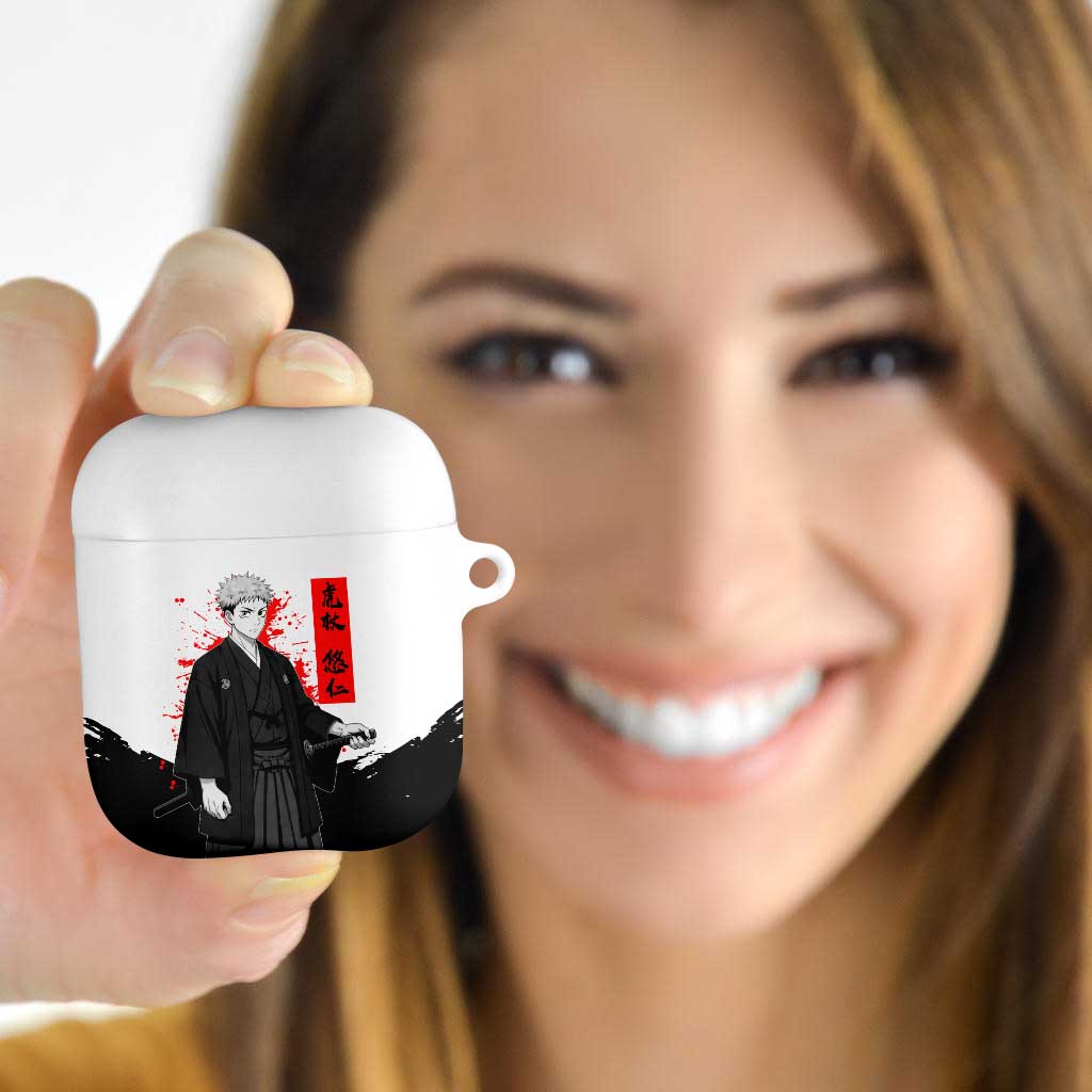 Yuji Itadori Jujutsu Kaisen Samurai Design AirPods Case with Katana, Red Kanji Elements and Oni Mask Graphic - The Mazicc