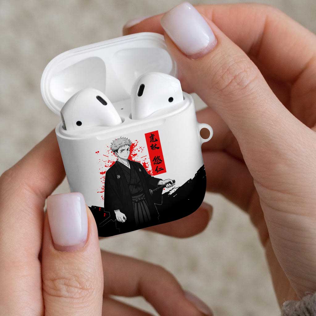 Yuji Itadori Jujutsu Kaisen Samurai Design AirPods Case with Katana, Red Kanji Elements and Oni Mask Graphic - The Mazicc