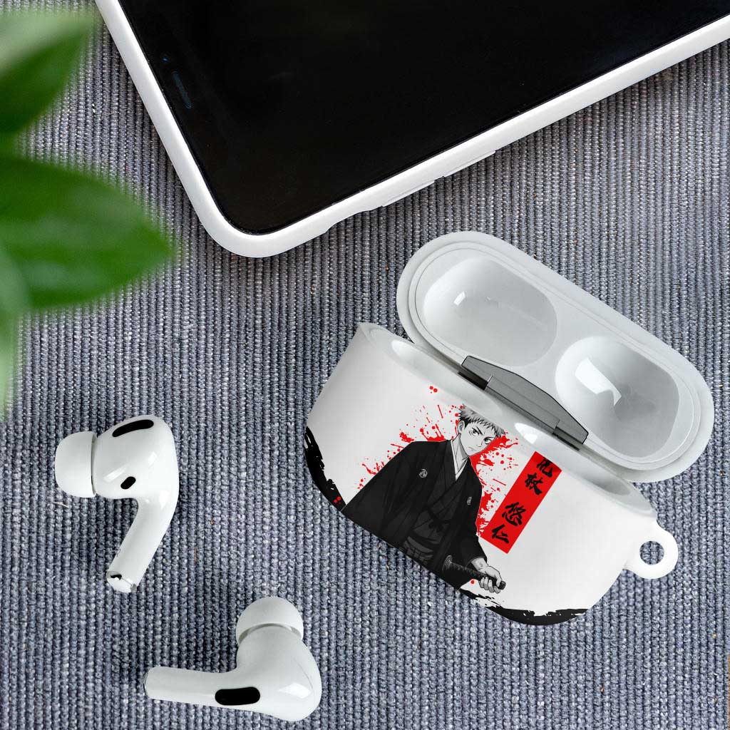 Yuji Itadori Jujutsu Kaisen Samurai Design AirPods Case with Katana, Red Kanji Elements and Oni Mask Graphic - The Mazicc