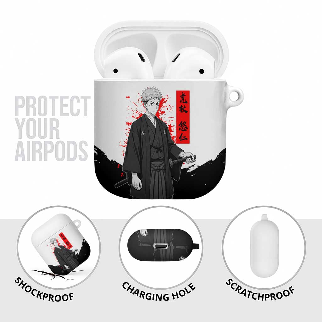 Yuji Itadori Jujutsu Kaisen Samurai Design AirPods Case with Katana, Red Kanji Elements and Oni Mask Graphic - The Mazicc