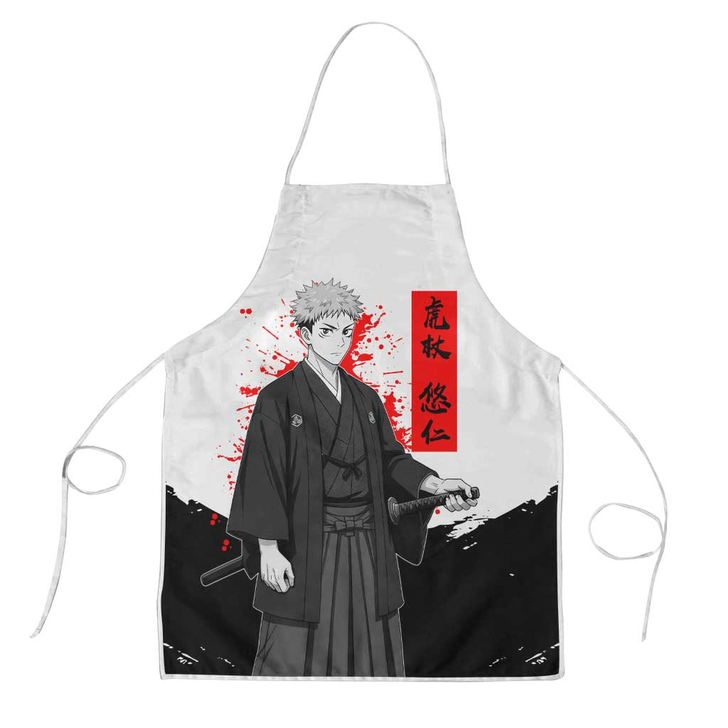 Yuji Itadori Jujutsu Kaisen Samurai Design Apron with Katana, Red Kanji Elements and Oni Mask Graphic - The Mazicc