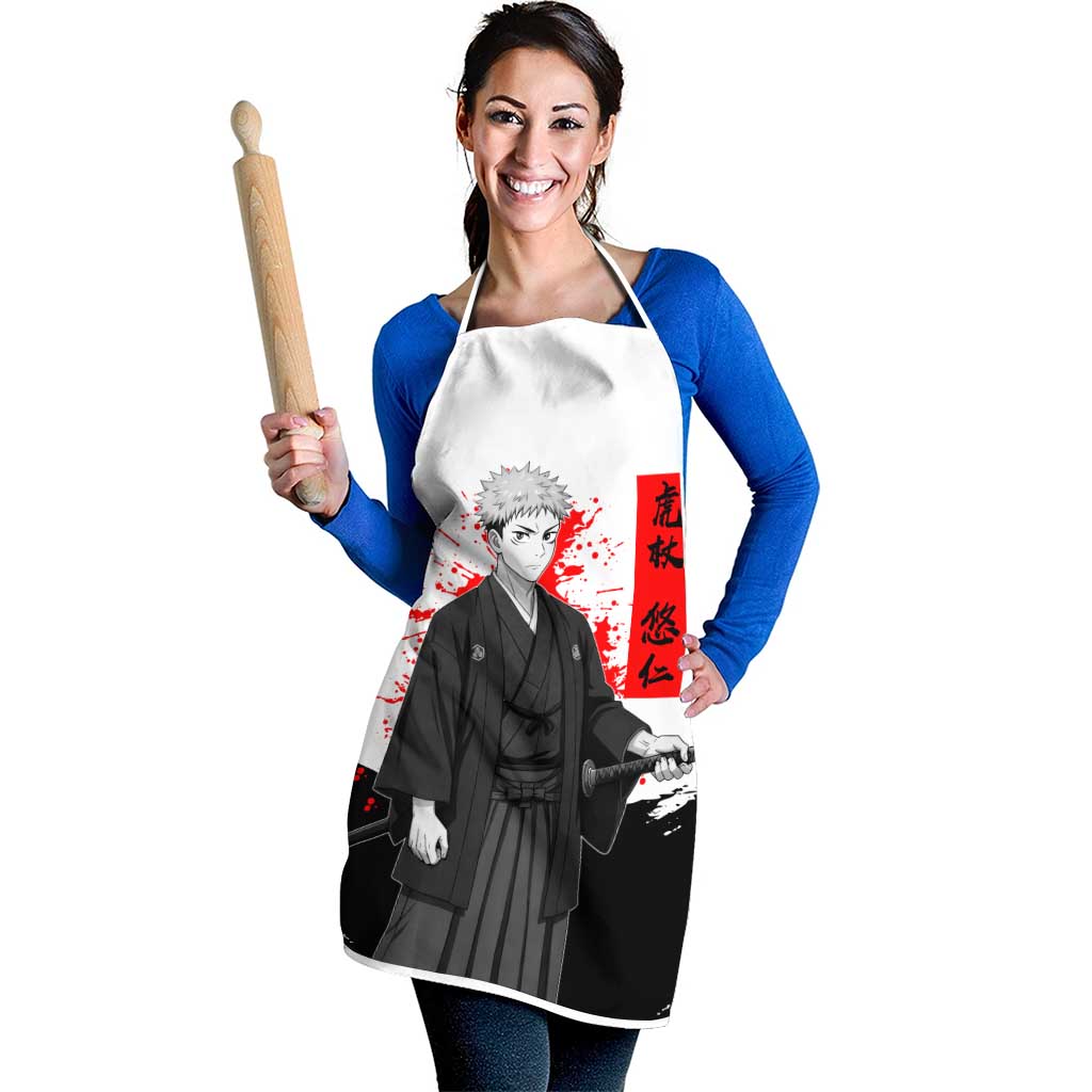 Yuji Itadori Jujutsu Kaisen Samurai Design Apron with Katana, Red Kanji Elements and Oni Mask Graphic - The Mazicc