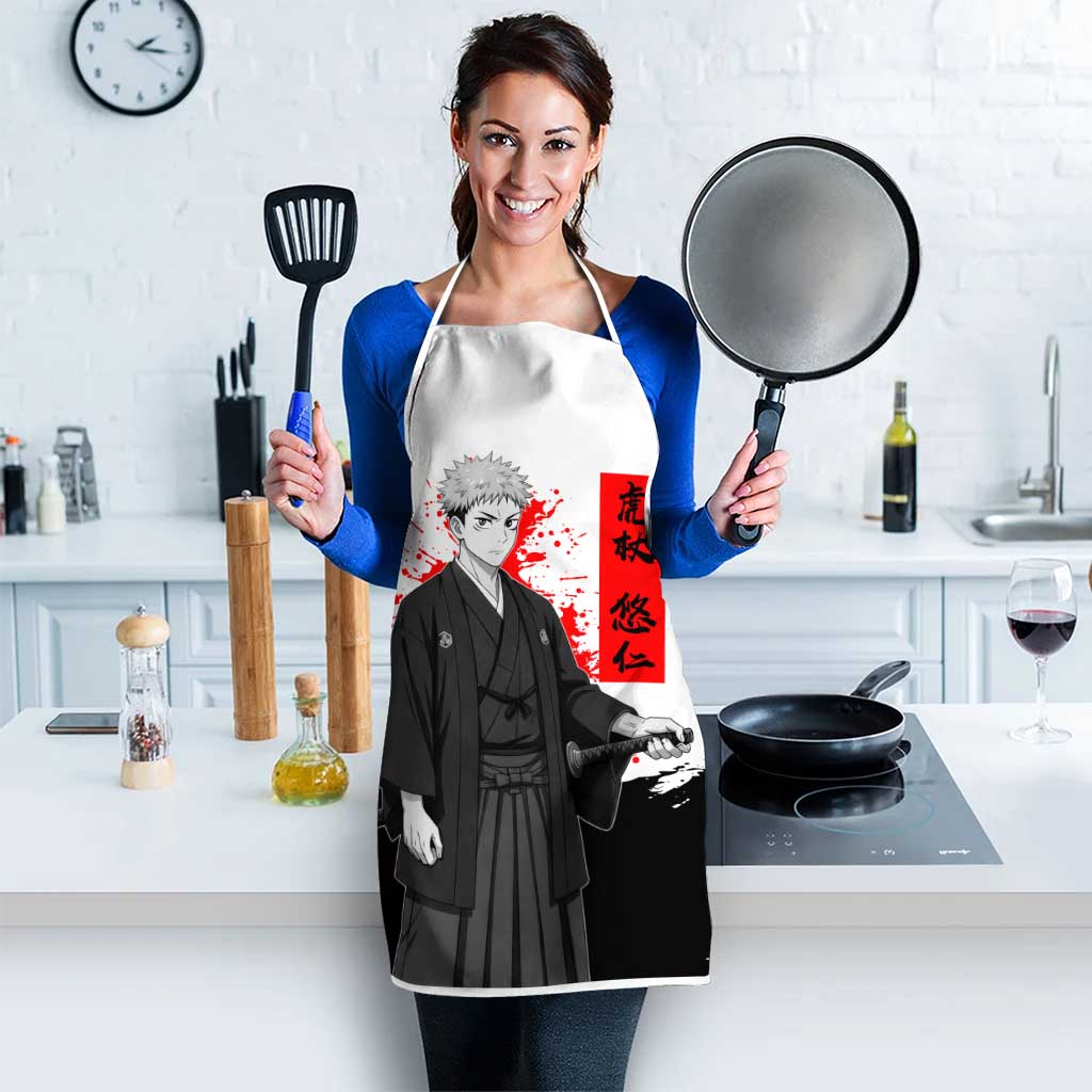 Yuji Itadori Jujutsu Kaisen Samurai Design Apron with Katana, Red Kanji Elements and Oni Mask Graphic - The Mazicc