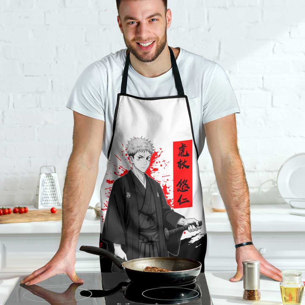 Yuji Itadori Jujutsu Kaisen Samurai Design Apron with Katana, Red Kanji Elements and Oni Mask Graphic - The Mazicc