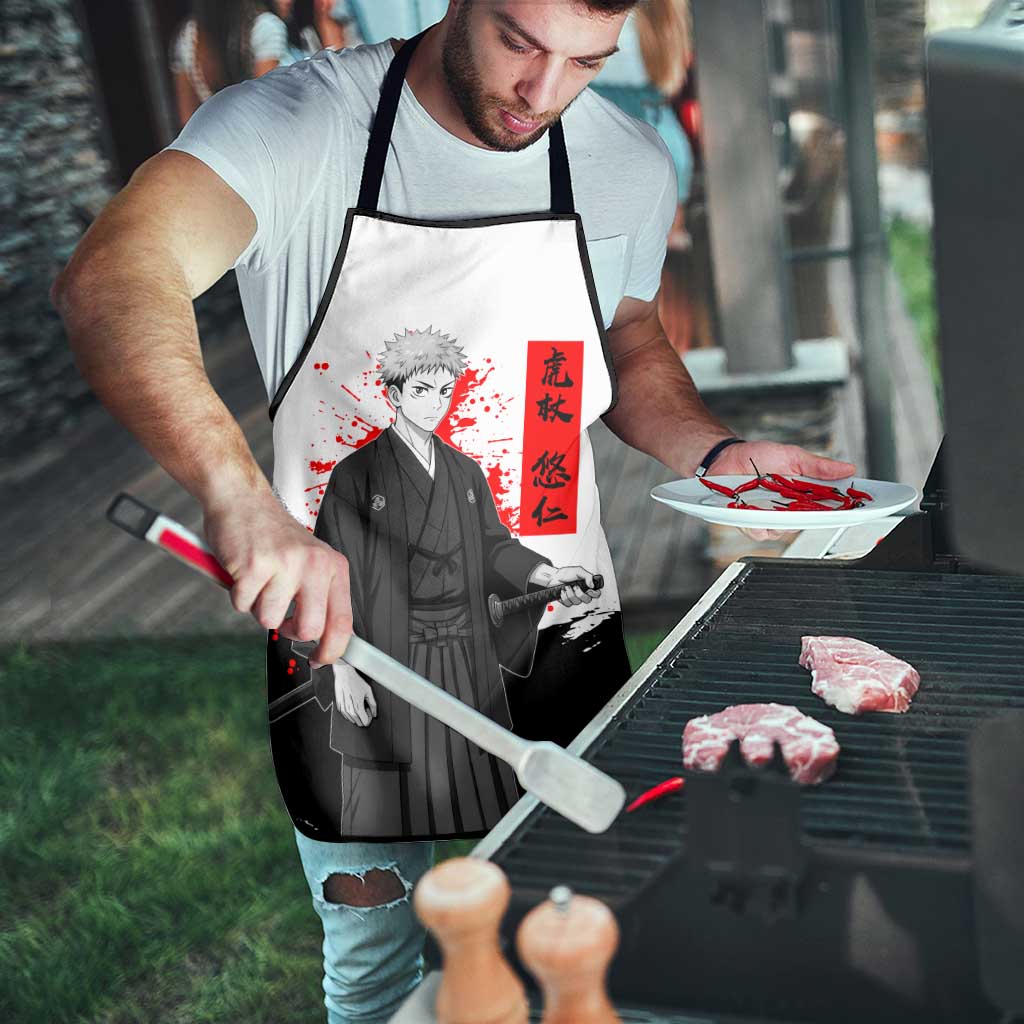 Yuji Itadori Jujutsu Kaisen Samurai Design Apron with Katana, Red Kanji Elements and Oni Mask Graphic - The Mazicc