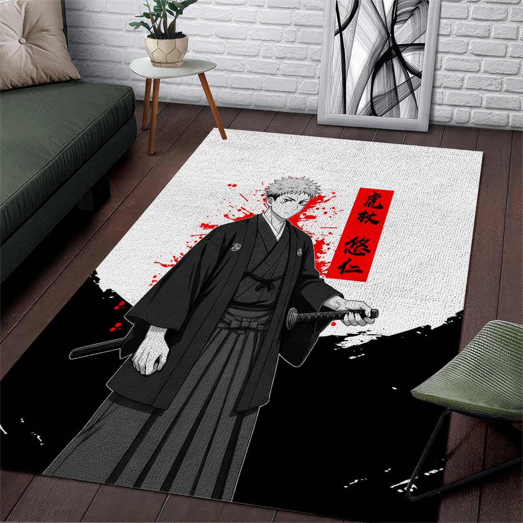 Yuji Itadori Jujutsu Kaisen Samurai Design Area Rug with Katana, Red Kanji Elements and Oni Mask Graphic - The Mazicc