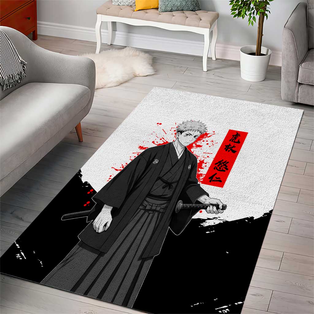 Yuji Itadori Jujutsu Kaisen Samurai Design Area Rug with Katana, Red Kanji Elements and Oni Mask Graphic - The Mazicc