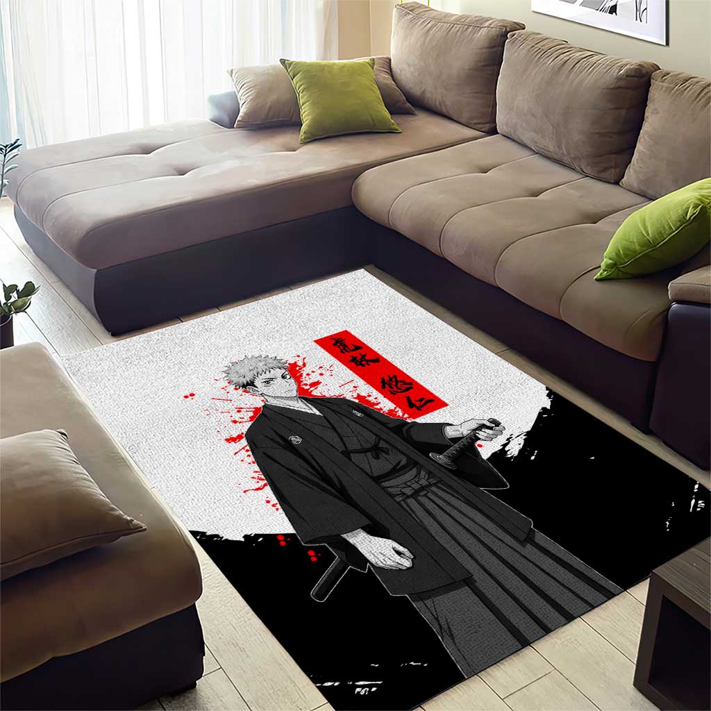 Yuji Itadori Jujutsu Kaisen Samurai Design Area Rug with Katana, Red Kanji Elements and Oni Mask Graphic - The Mazicc