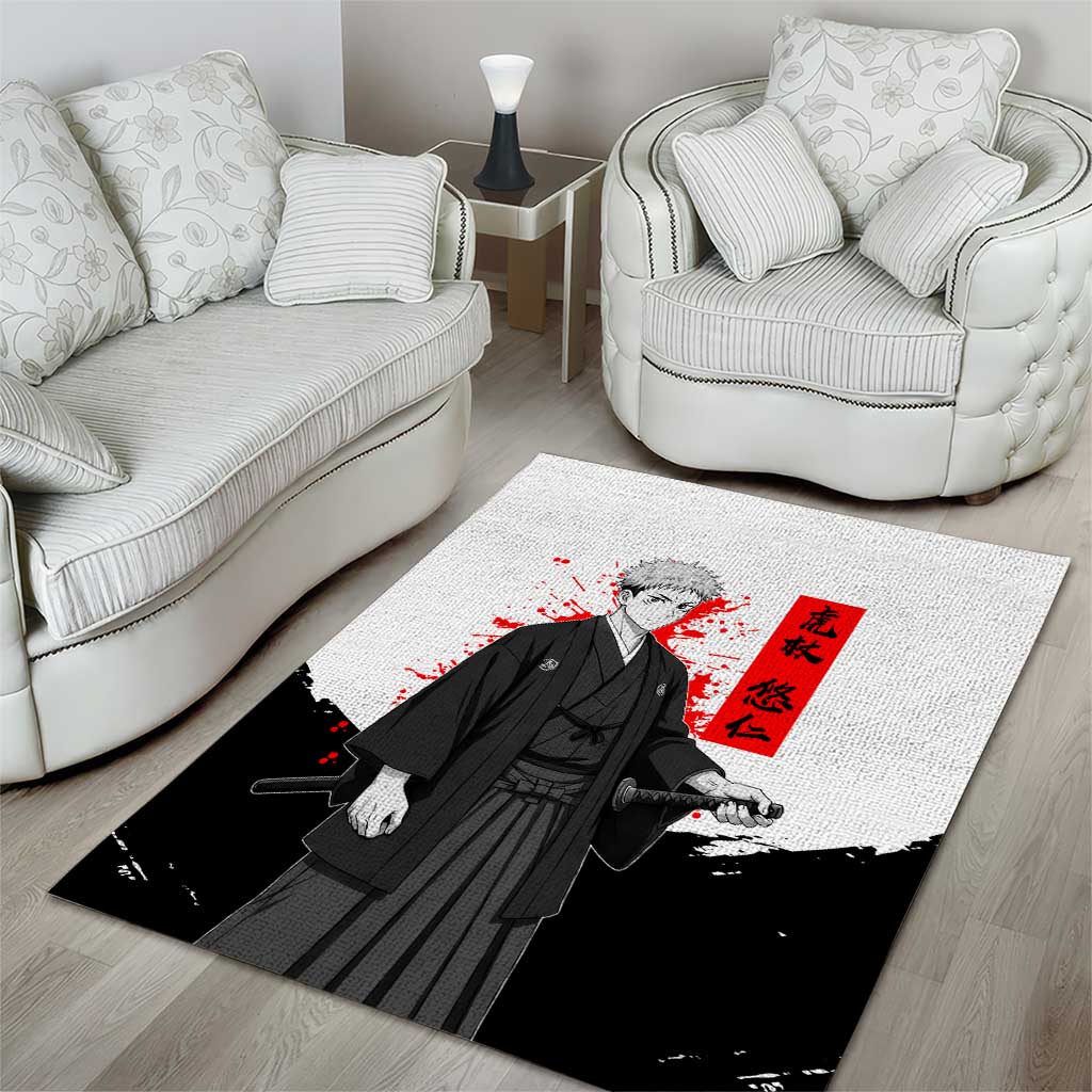 Yuji Itadori Jujutsu Kaisen Samurai Design Area Rug with Katana, Red Kanji Elements and Oni Mask Graphic - The Mazicc