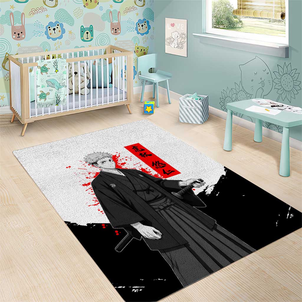 Yuji Itadori Jujutsu Kaisen Samurai Design Area Rug with Katana, Red Kanji Elements and Oni Mask Graphic - The Mazicc