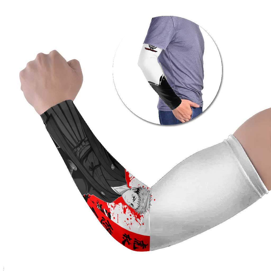 Yuji Itadori Jujutsu Kaisen Samurai Design Arm Sleeves with Katana, Red Kanji Elements and Oni Mask Graphic - The Mazicc