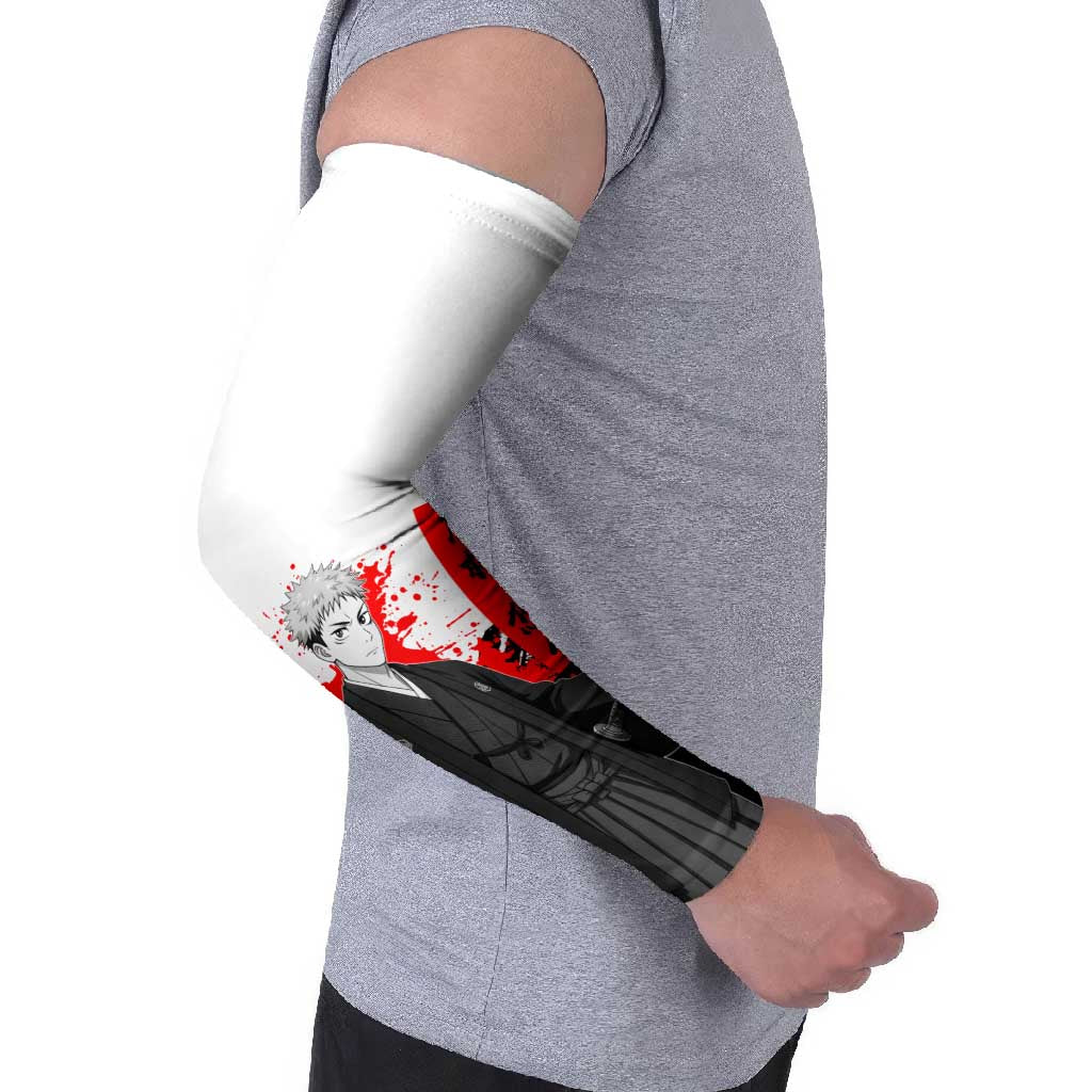 Yuji Itadori Jujutsu Kaisen Samurai Design Arm Sleeves with Katana, Red Kanji Elements and Oni Mask Graphic - The Mazicc
