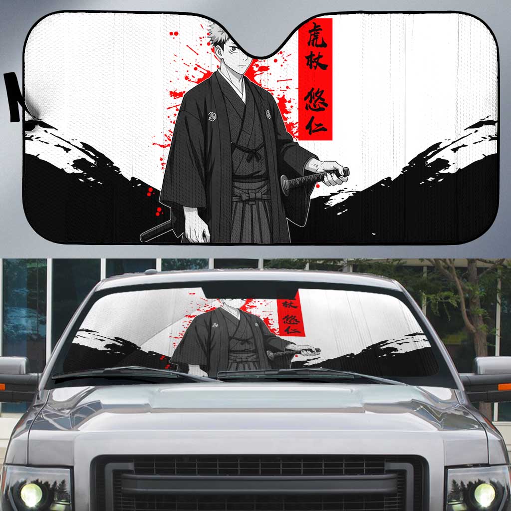 Yuji Itadori Jujutsu Kaisen Samurai Design Auto Sun Shade with Katana, Red Kanji Elements and Oni Mask Graphic - The Mazicc