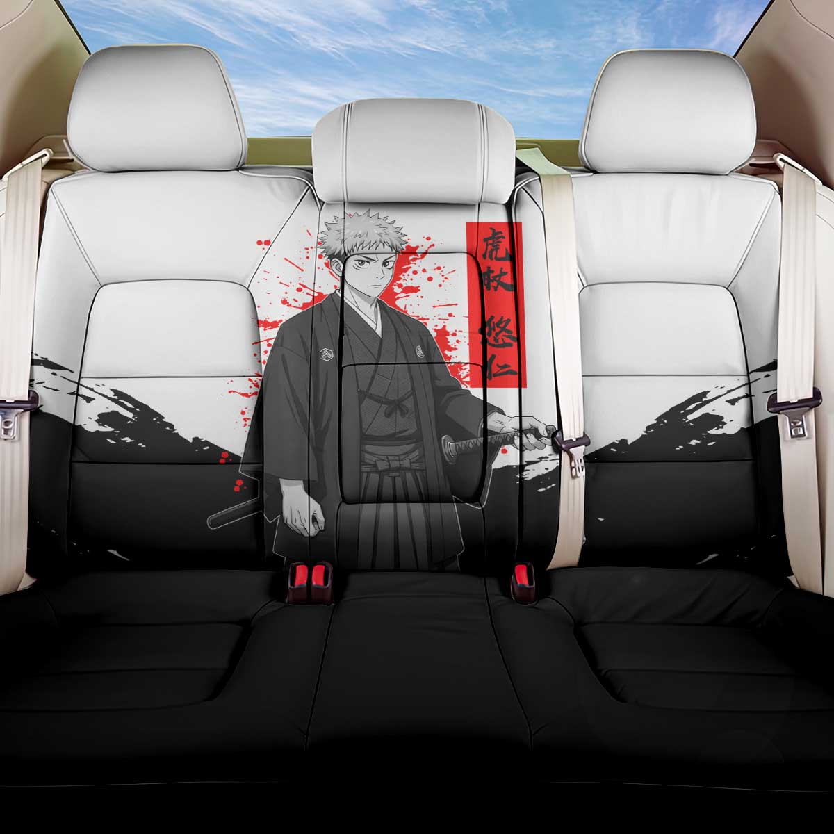 Yuji Itadori Jujutsu Kaisen Samurai Design Back Car Seat Cover with Katana, Red Kanji Elements and Oni Mask Graphic - The Mazicc