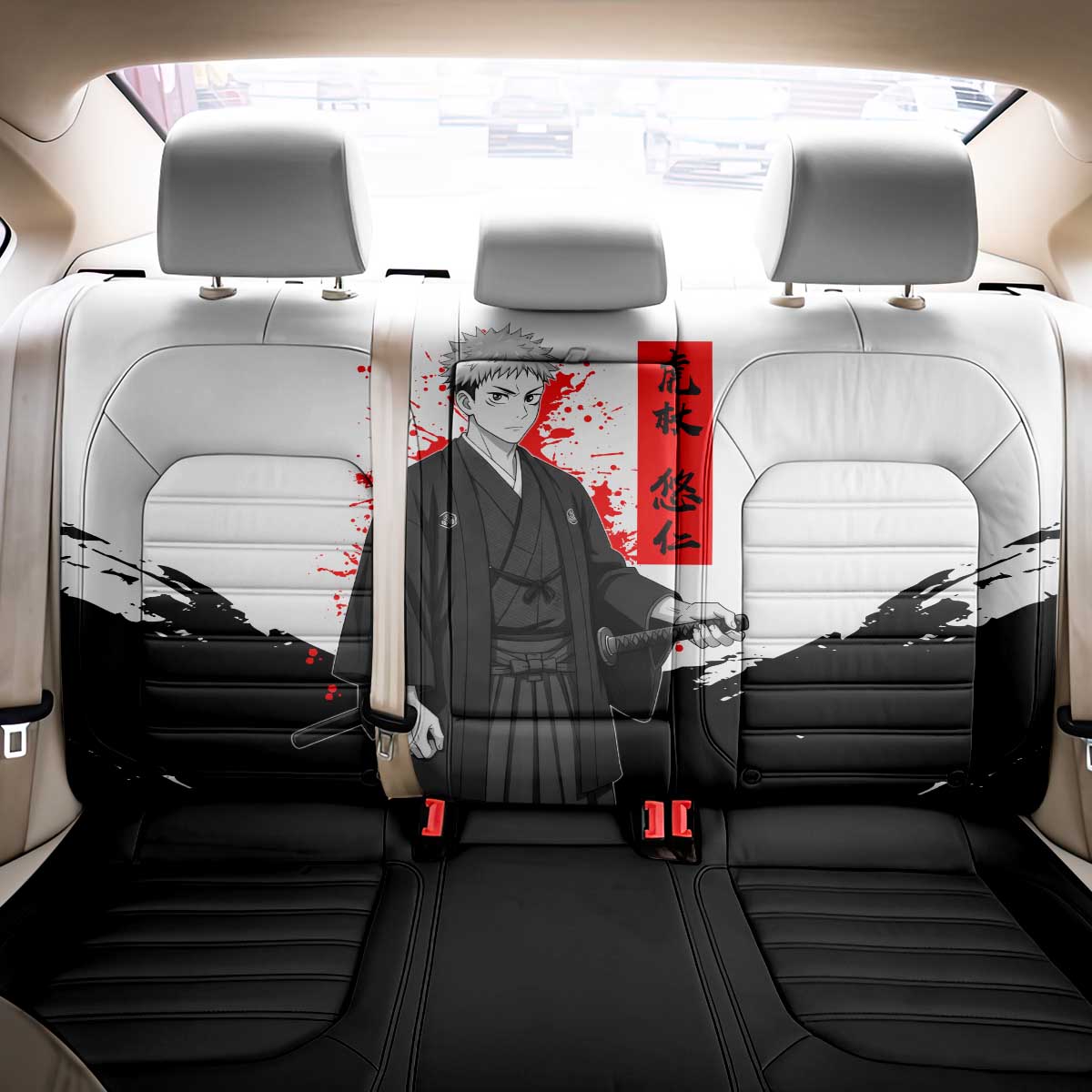 Yuji Itadori Jujutsu Kaisen Samurai Design Back Car Seat Cover with Katana, Red Kanji Elements and Oni Mask Graphic - The Mazicc