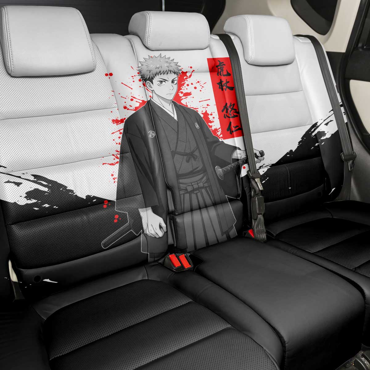 Yuji Itadori Jujutsu Kaisen Samurai Design Back Car Seat Cover with Katana, Red Kanji Elements and Oni Mask Graphic - The Mazicc