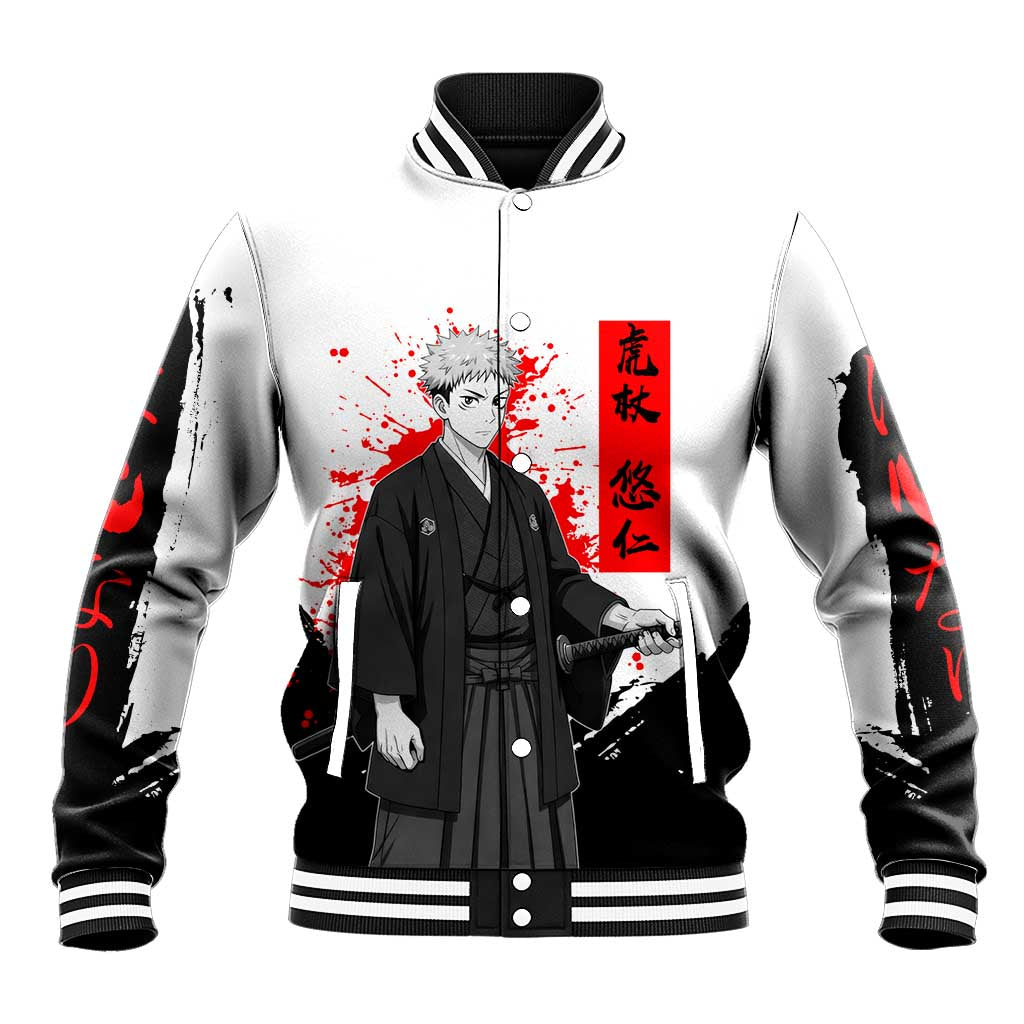 Yuji Itadori Jujutsu Kaisen Samurai Design Baseball Jacket with Katana, Red Kanji Elements and Oni Mask Graphic - The Mazicc