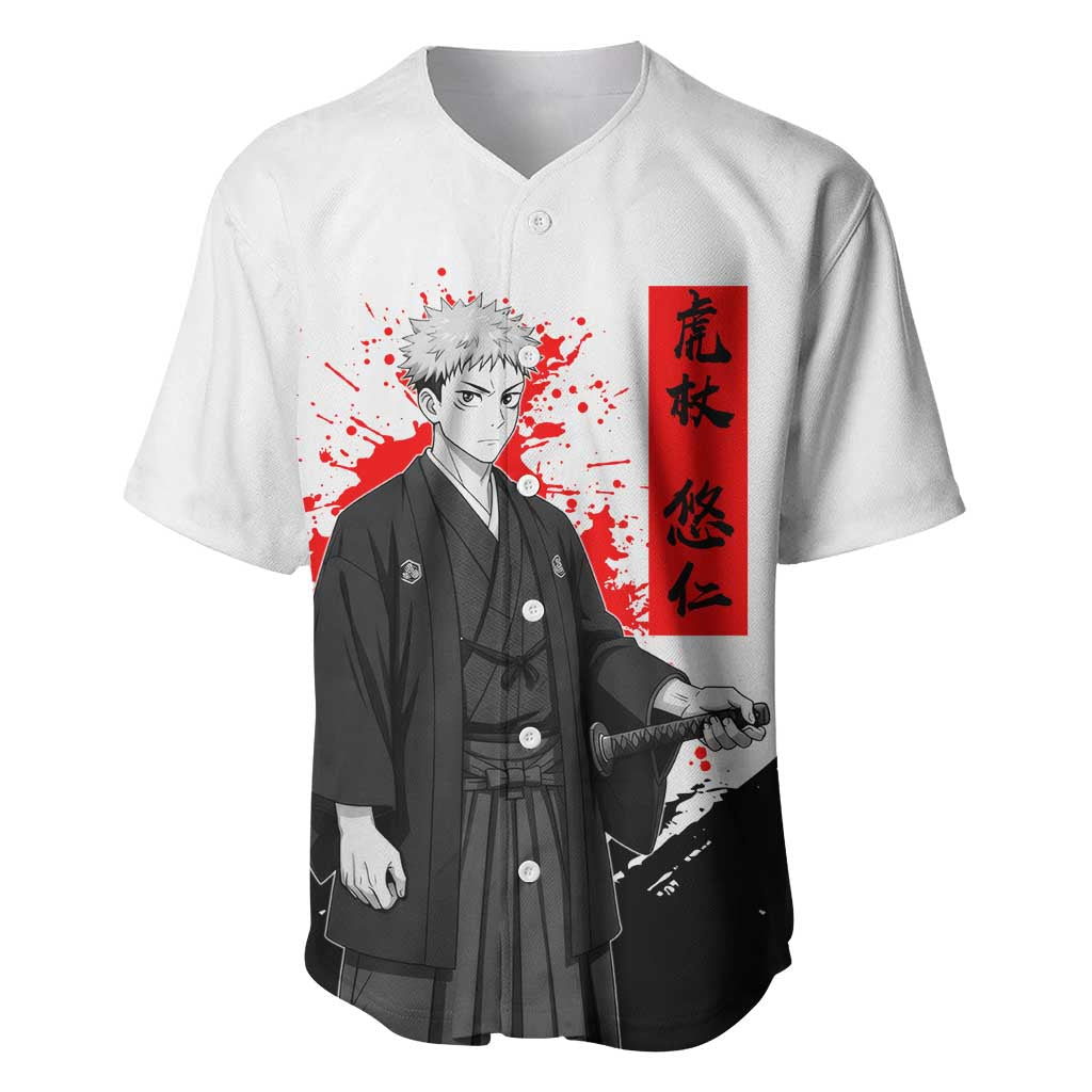 Yuji Itadori Jujutsu Kaisen Samurai Design Baseball Jersey with Katana, Red Kanji Elements and Oni Mask Graphic - The Mazicc
