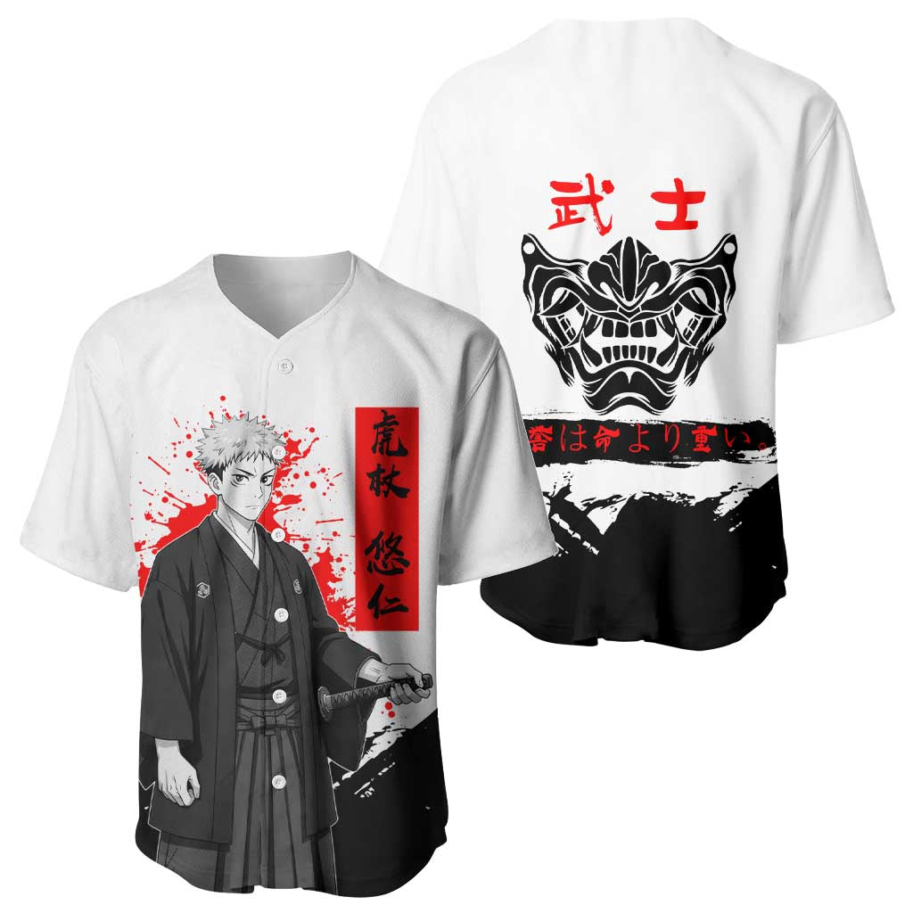 Yuji Itadori Jujutsu Kaisen Samurai Design Baseball Jersey with Katana, Red Kanji Elements and Oni Mask Graphic - The Mazicc