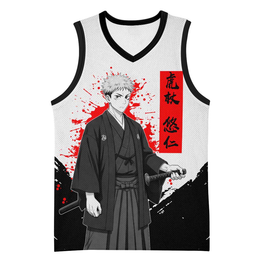 Yuji Itadori Jujutsu Kaisen Samurai Design Basketball Jersey with Katana, Red Kanji Elements and Oni Mask Graphic - The Mazicc