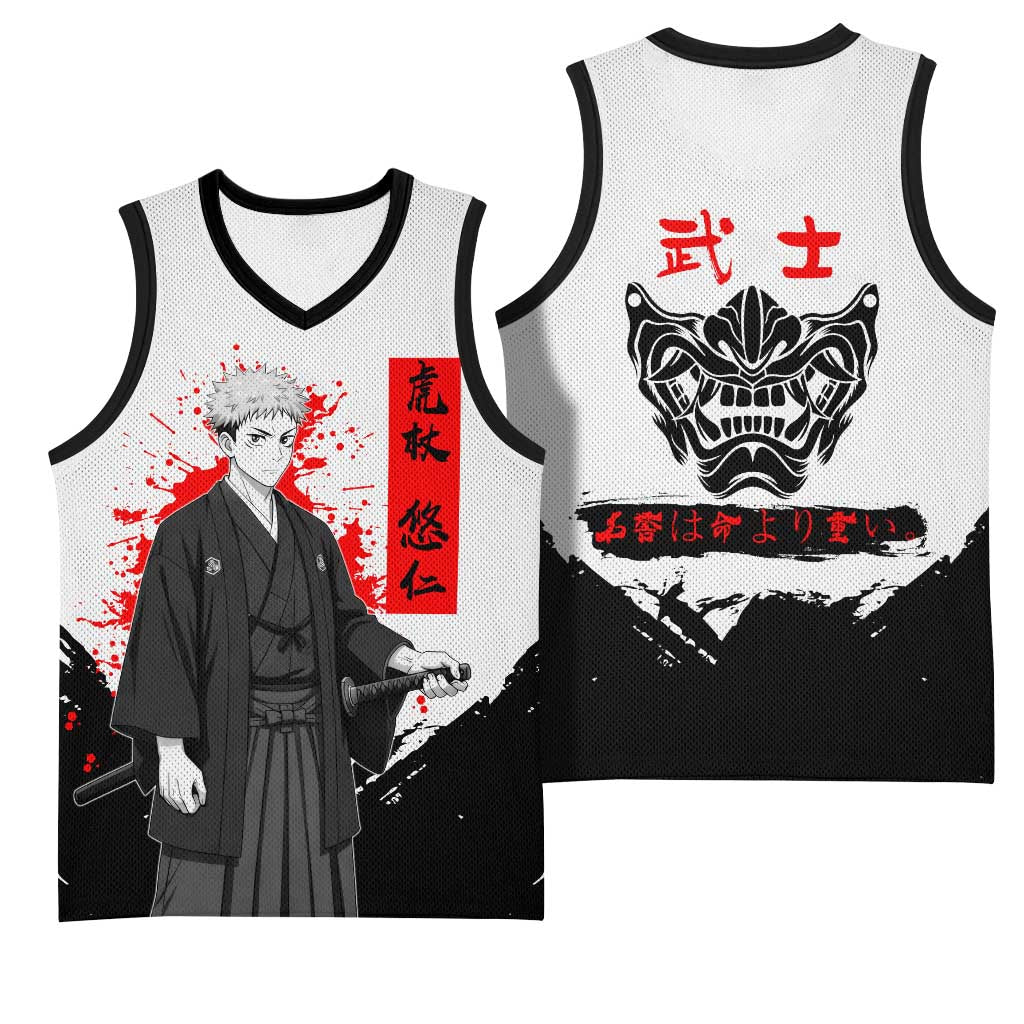 Yuji Itadori Jujutsu Kaisen Samurai Design Basketball Jersey with Katana, Red Kanji Elements and Oni Mask Graphic - The Mazicc