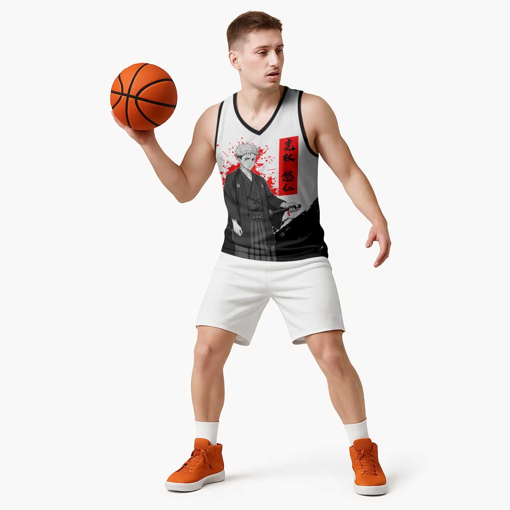 Yuji Itadori Jujutsu Kaisen Samurai Design Basketball Jersey with Katana, Red Kanji Elements and Oni Mask Graphic - The Mazicc