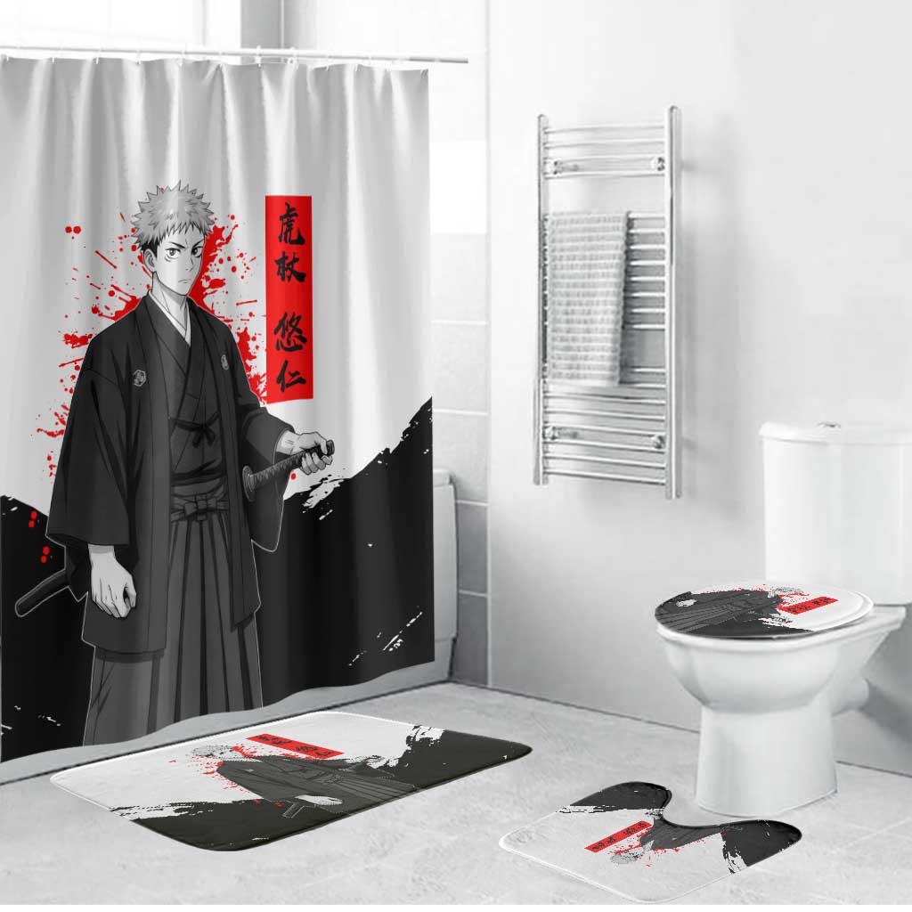 Yuji Itadori Jujutsu Kaisen Samurai Design Bathroom Set with Katana, Red Kanji Elements and Oni Mask Graphic - The Mazicc